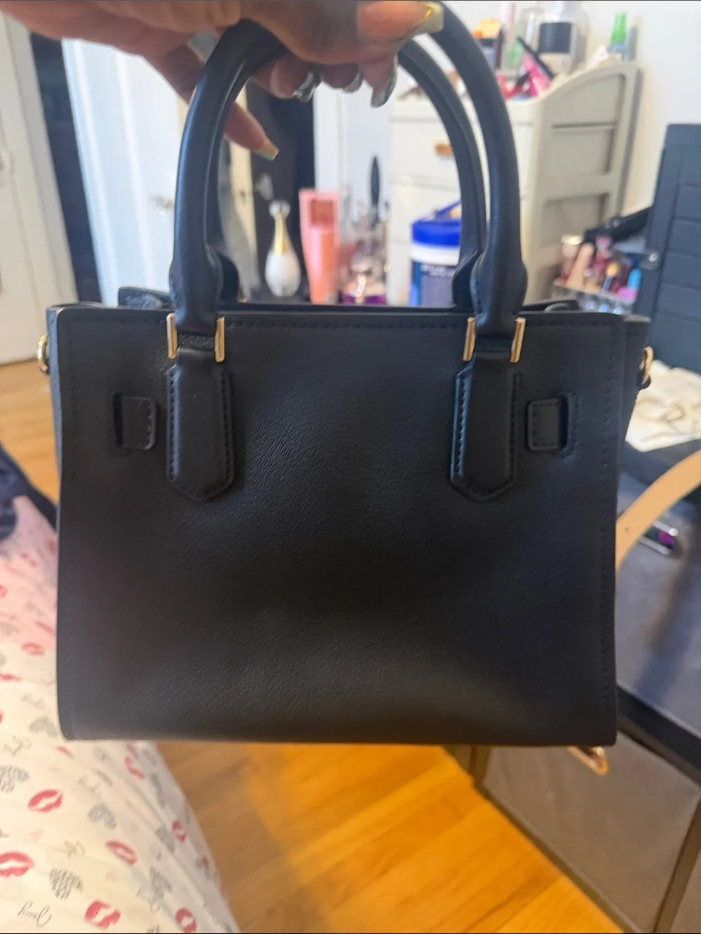 Michael Kors Black Leather Satchel with Gold Charm